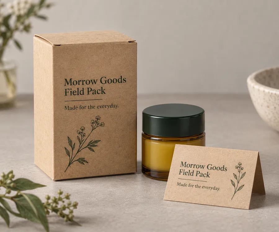 Brown kraft gift carton with green print beside an amber botanical jar and gift card