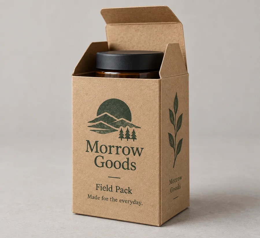 Printed warm-kraft folding carton with a small amber jar and fictional Morrow Goods branding.