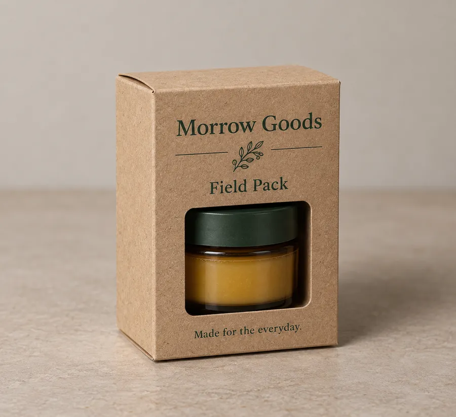 Brown kraft window box with green print showing an amber botanical balm jar