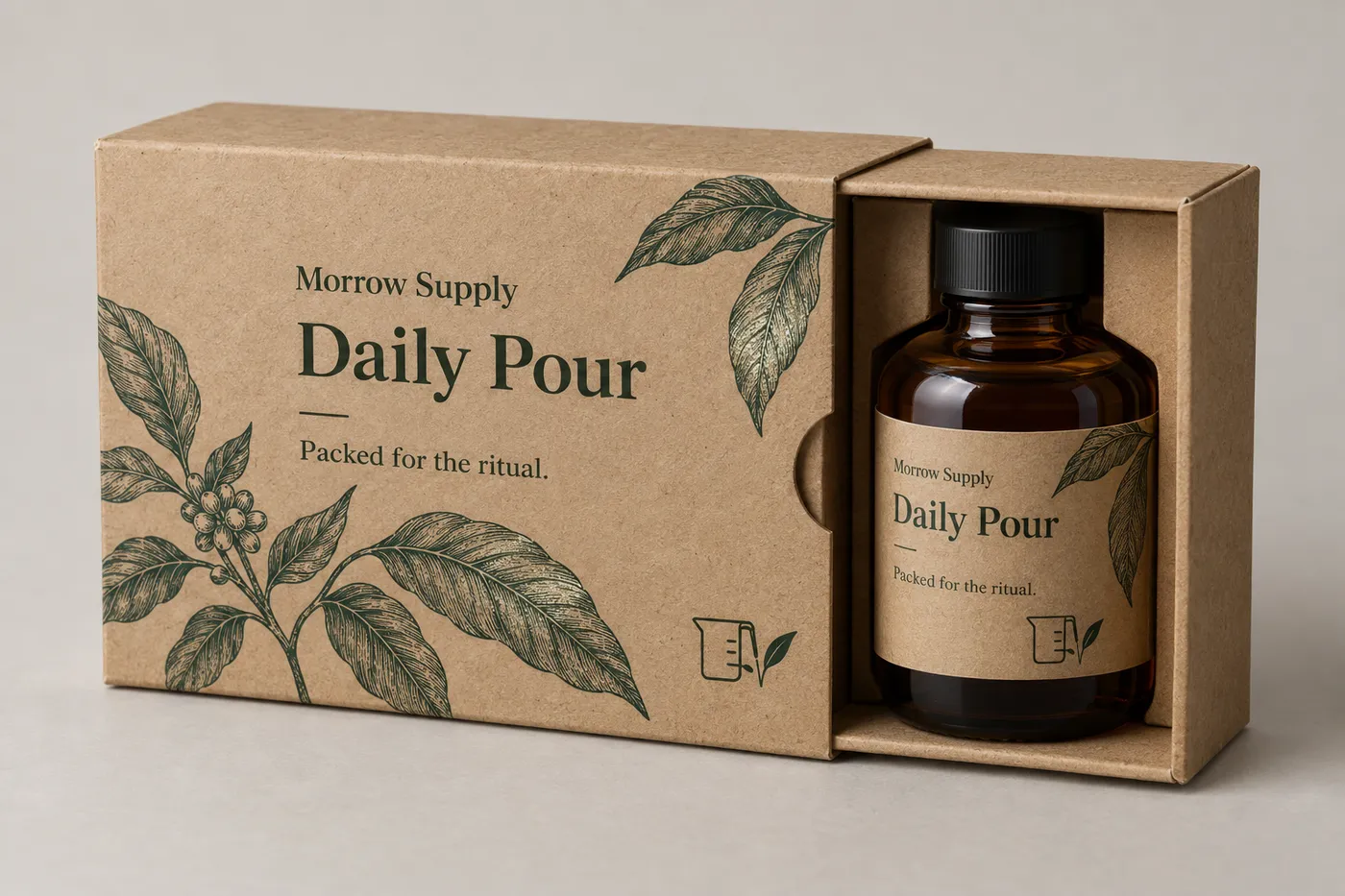 Natural kraft sleeve box with green print, partly pulled tray, and amber bottle