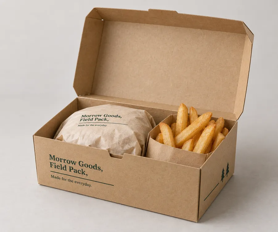Printed kraft takeaway box open around a wrapped burger and fries