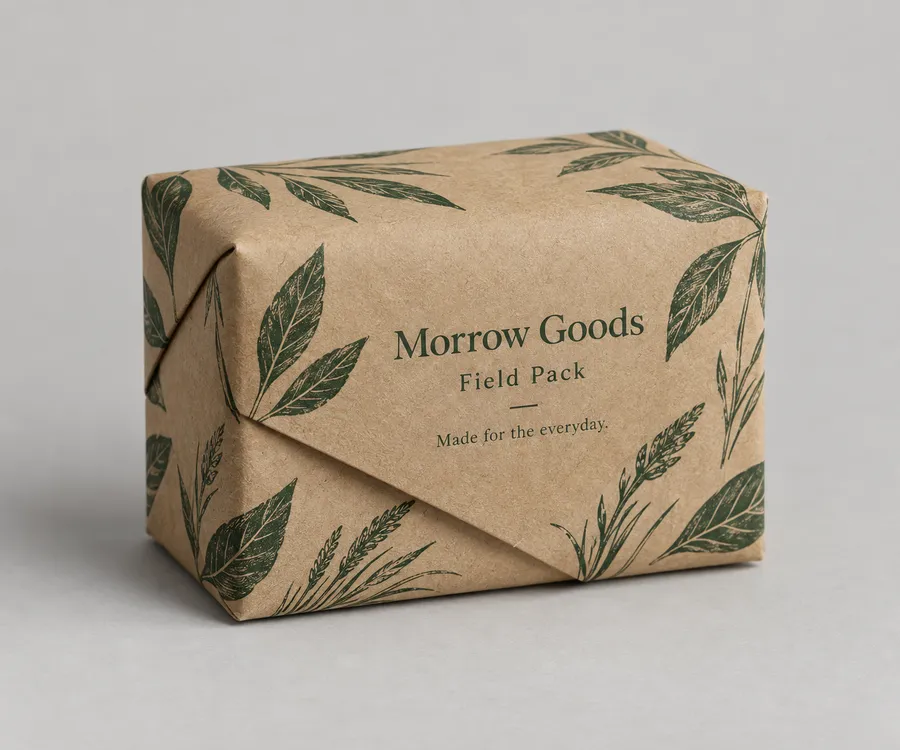 Printed warm-kraft tissue paper folded around a small gift box with Morrow Goods branding.