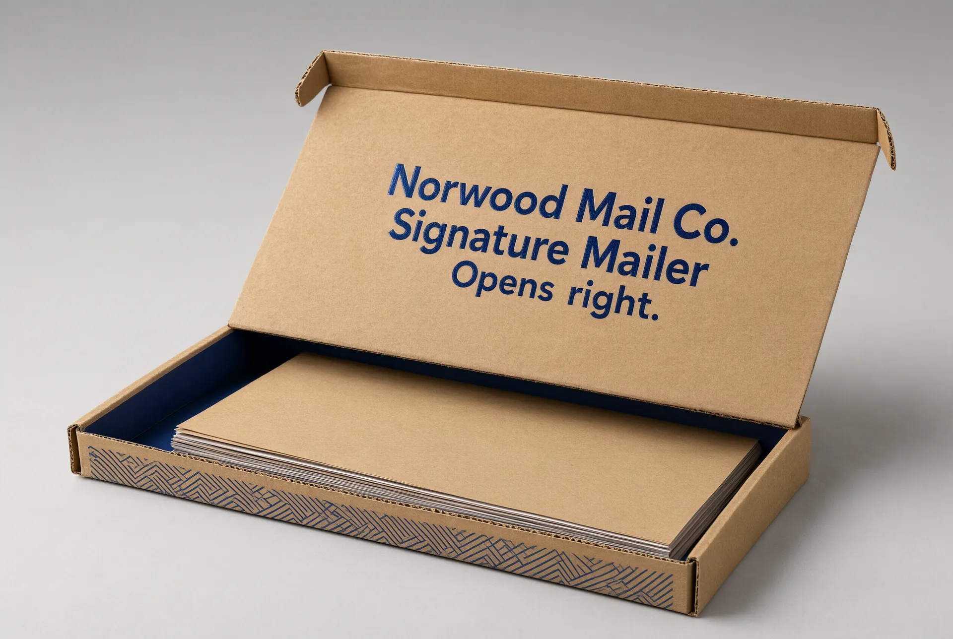 Open kraft literature mailer with catalog sheets visible inside