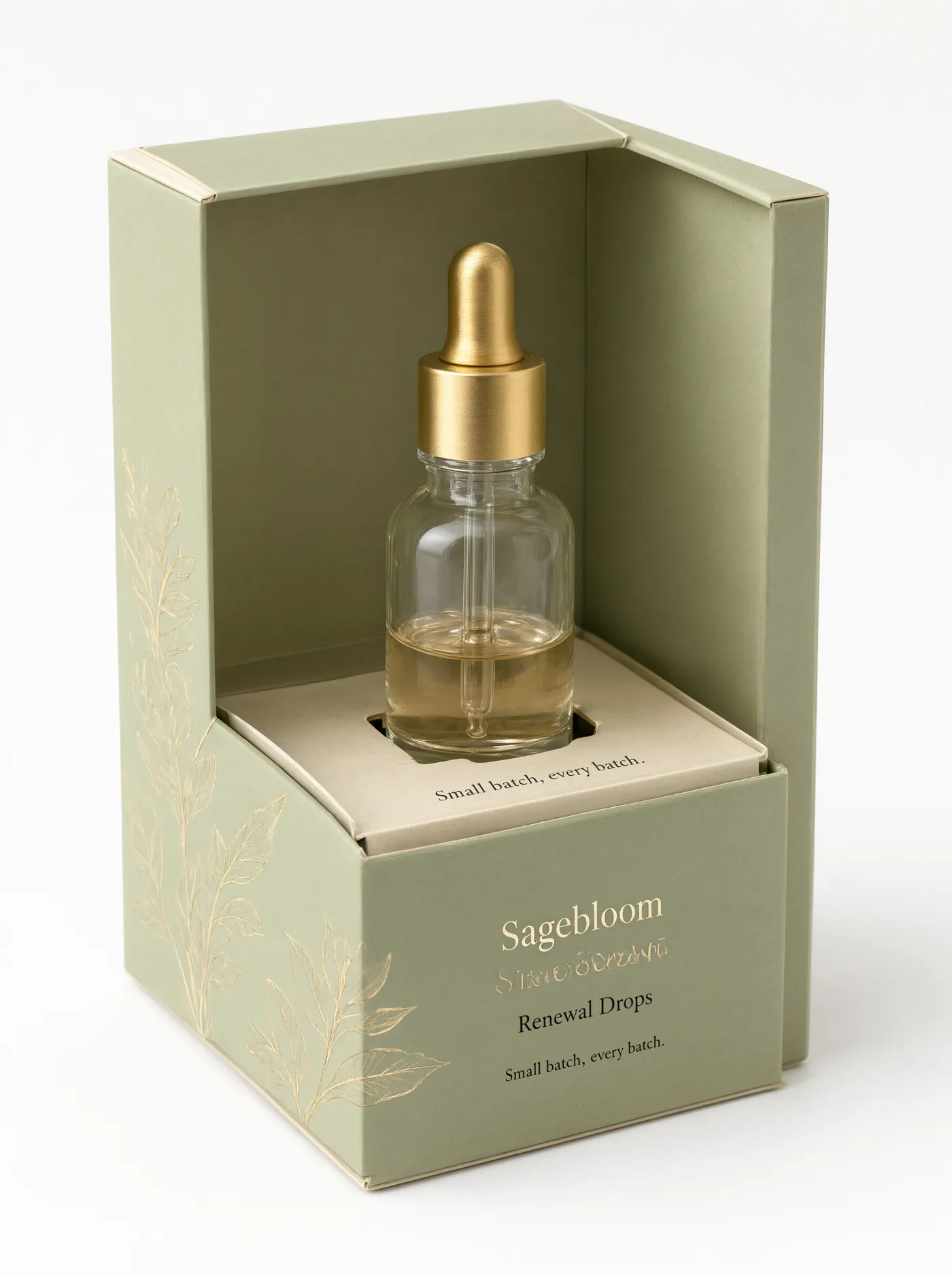 Open sage green rigid cosmetic box showing a cream die-cut riser holding a glass bottle steady