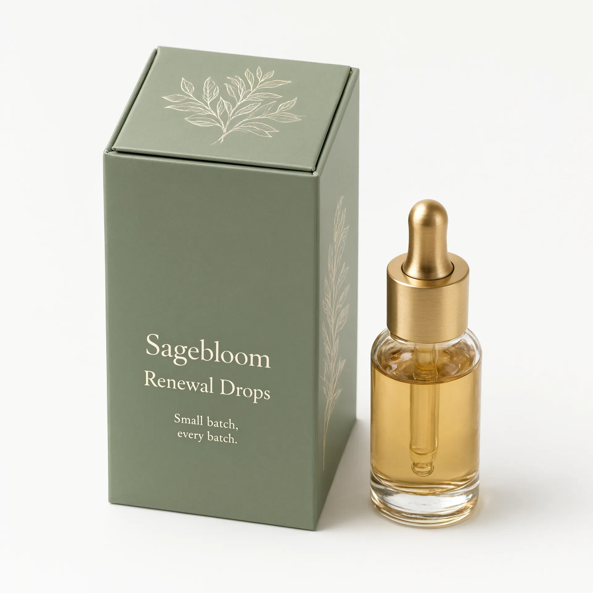 Closed sage green rigid cosmetic box beside a glass dropper bottle with a gold cap