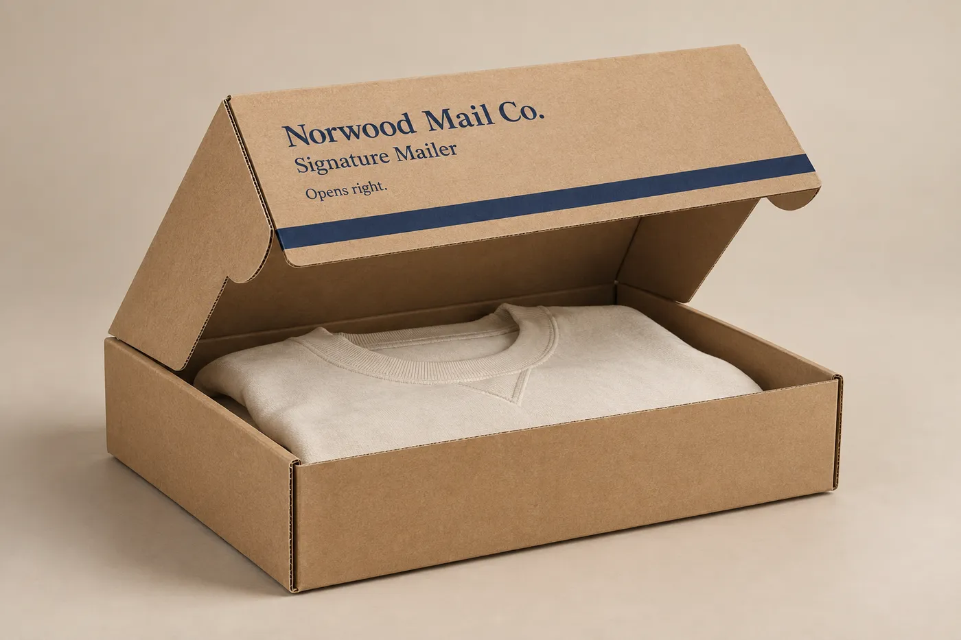 Open kraft corrugated custom mailer box with folded apparel inside