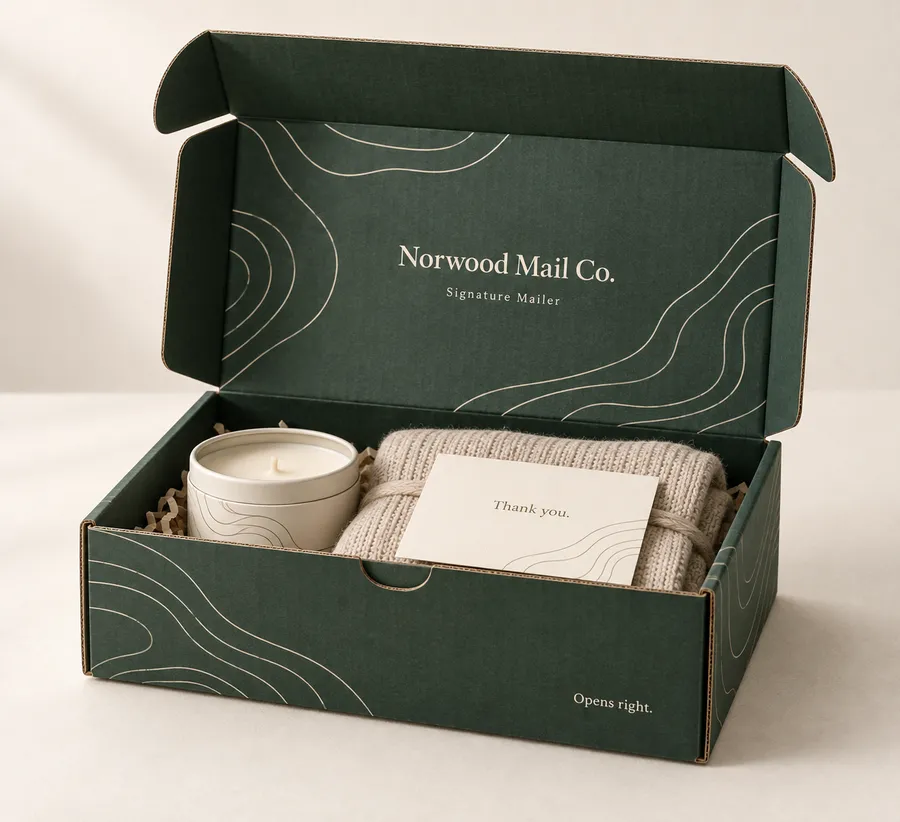 Open forest-green mailer gift box with cream print and a candle tin, folded textile, and thank-you card inside.