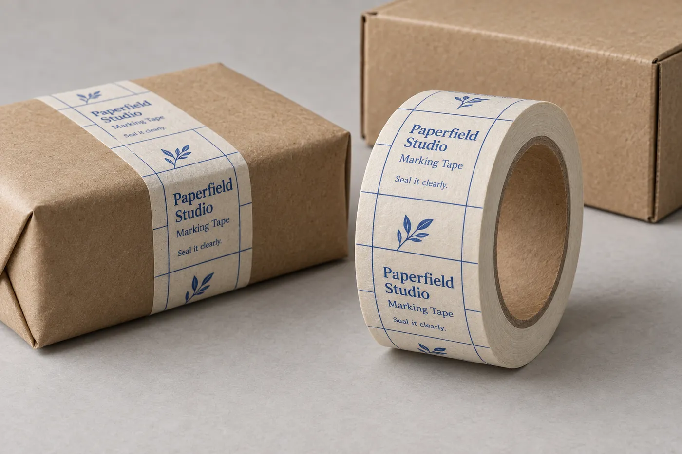 Printed ivory masking tape roll beside a paper bundle marked with a blue repeat