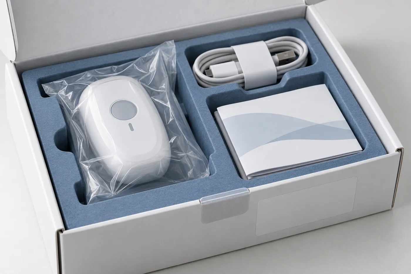 Close view of a medical device insert separating the device, cable, and IFU.