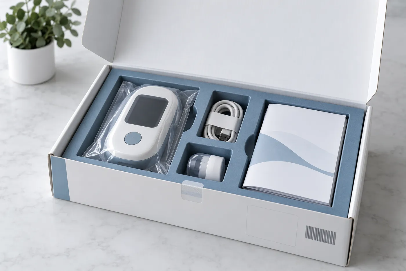 Open medical device carton with blue-gray insert, device pouch, accessories, and IFU.