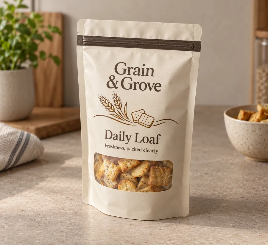 Printed warm ivory mylar mylar bag with window with a zipper, clear window, and stacked packs or dry snacks inside.