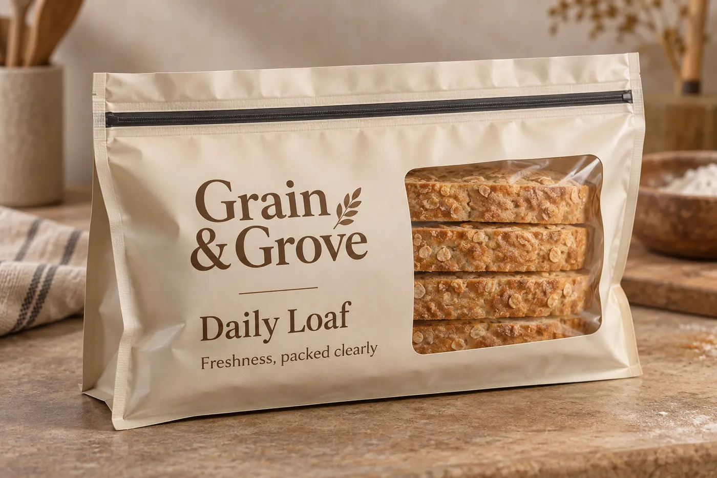 Printed warm ivory mylar envelope holding a flat bakery fill with its zipper and gusset visible.