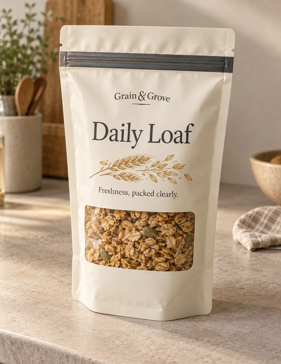 Printed warm ivory mylar food storage bag with a zipper, clear window, and granola inside.