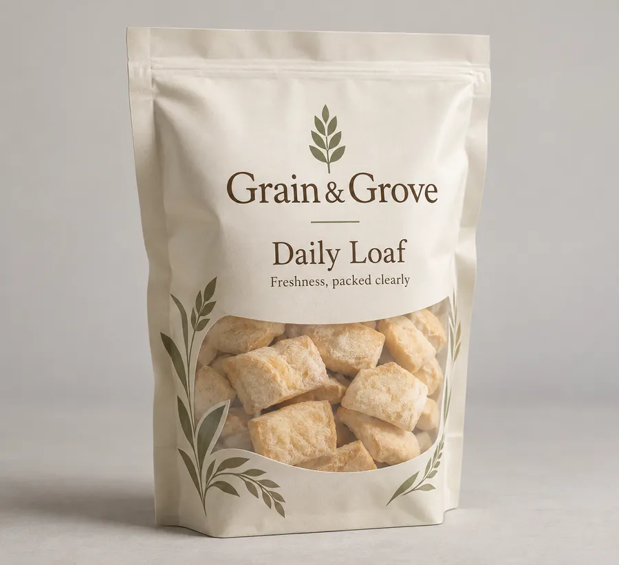 Printed warm ivory vacuum-seal pouch filled with pale dry bakery pieces