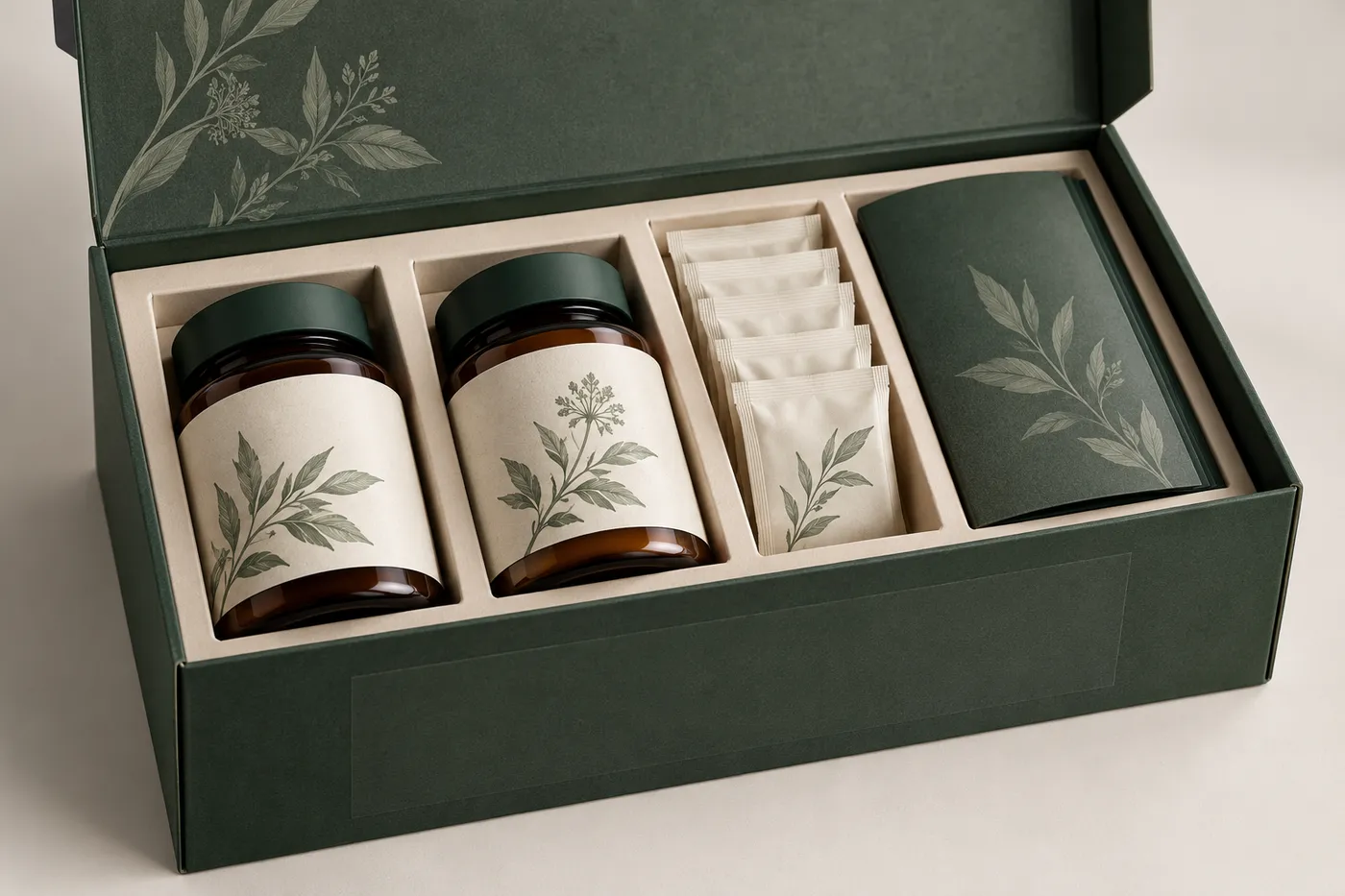 Close view of a nutraceutical retail kit tray separating amber jars, sachets, and a printed guide.