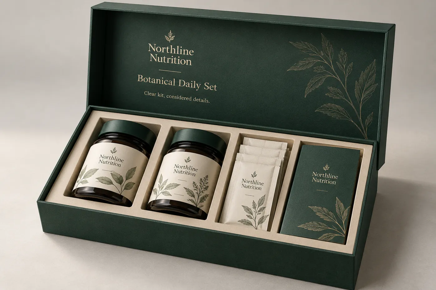 Open forest-green nutraceutical kit with amber jars and a fitted tray.