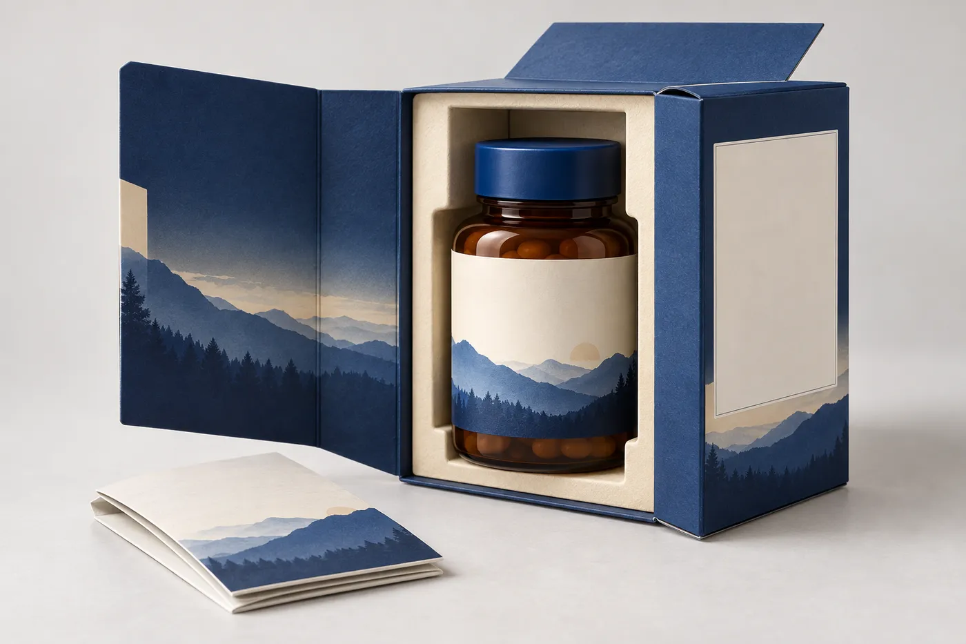Close view of an OTC carton tray separating an amber bottle and instruction leaflet.