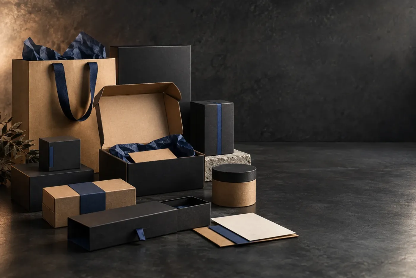 Finished charcoal, kraft, and cream custom packaging arranged for presentation