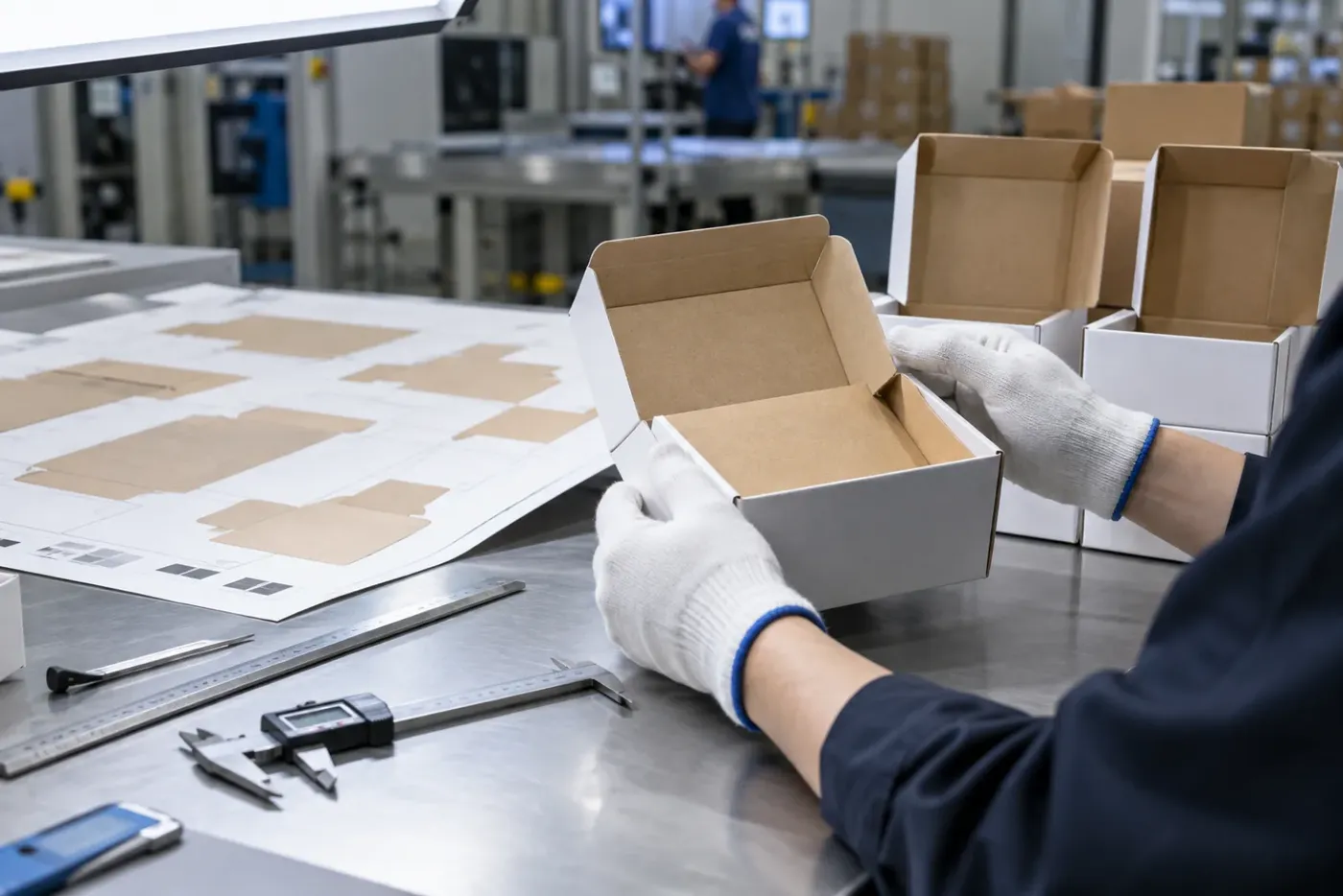 Gloved operator inspecting a carton with rulers and measuring tools