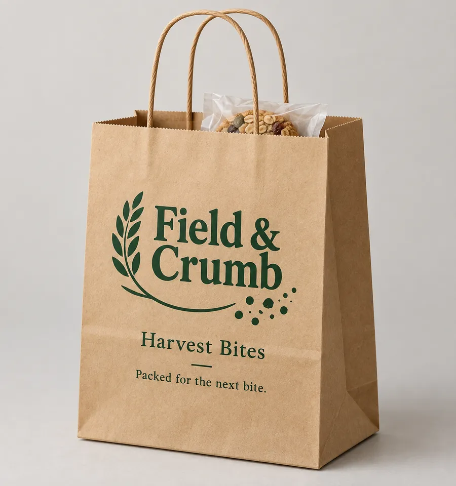 A printed kraft food bag stands upright with a bakery order inside.