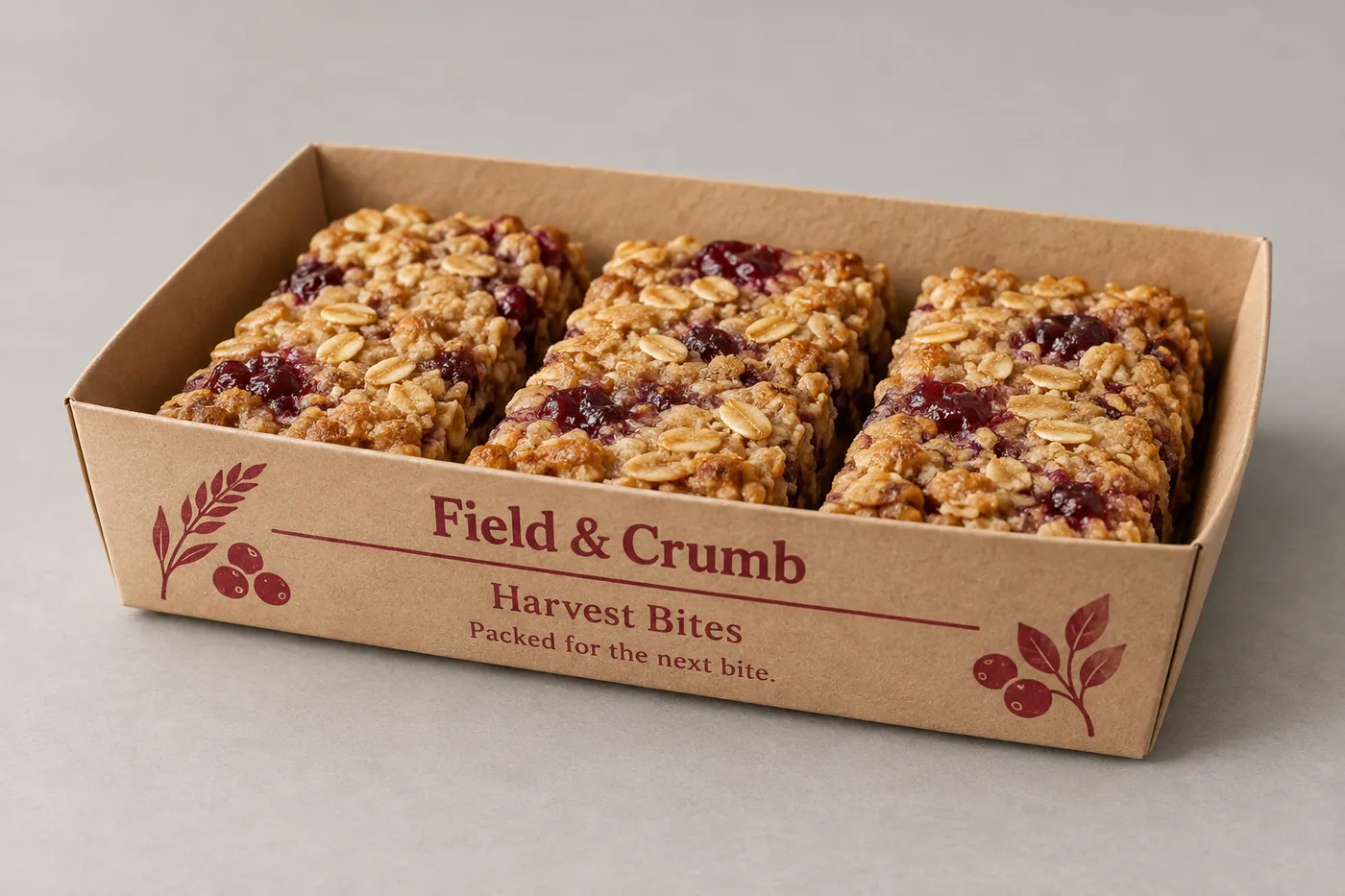 Open kraft paper food tray with printed Harvest Bites mockup and three oat bars