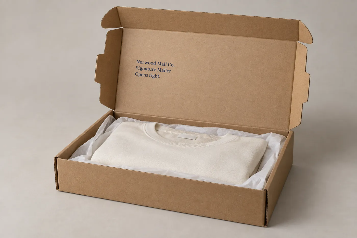 Open plain kraft mailer box with folded apparel item inside