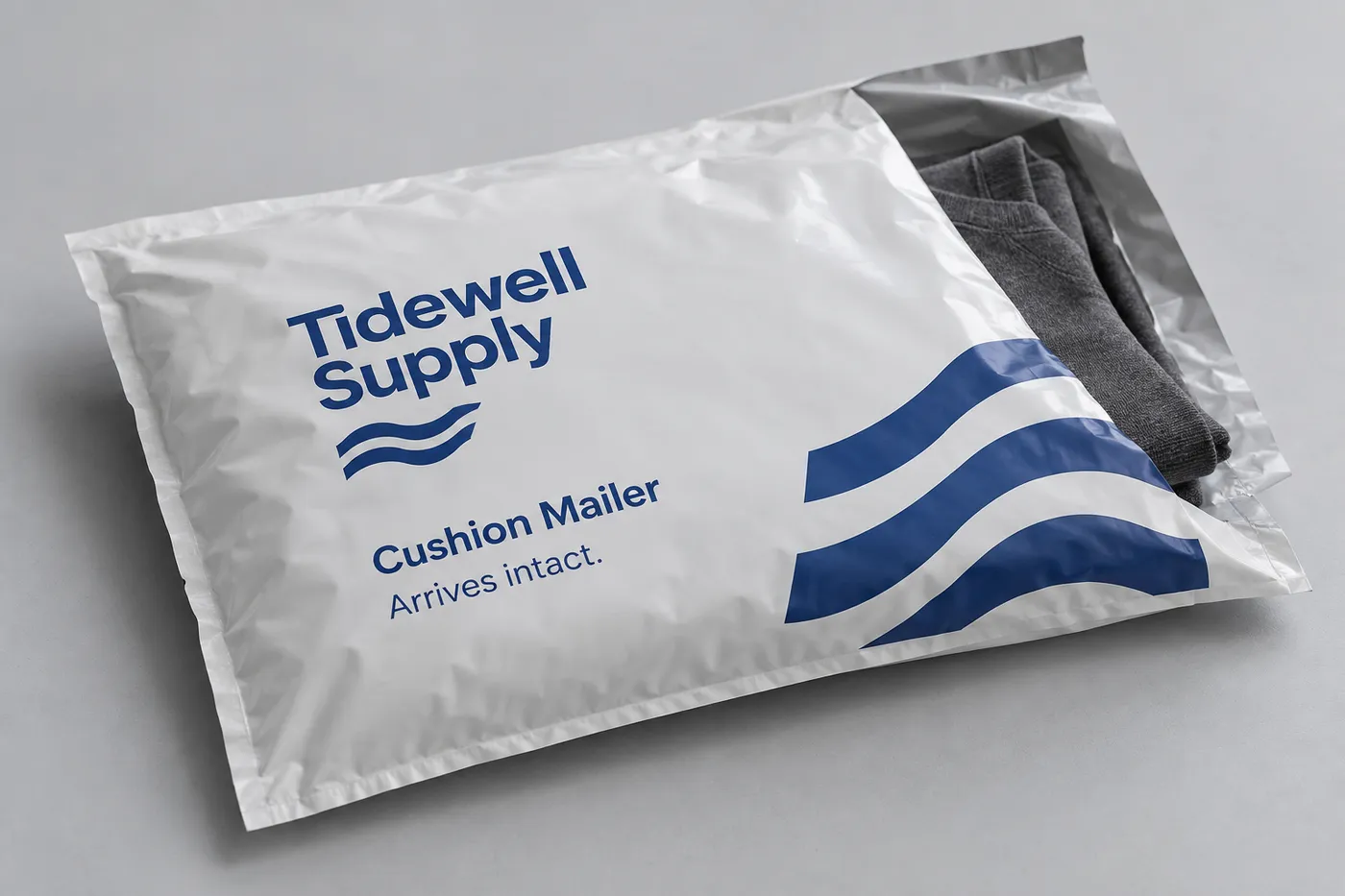 Warm-white flexible poly mailer with cobalt Tidewell Supply print and folded charcoal apparel visible inside