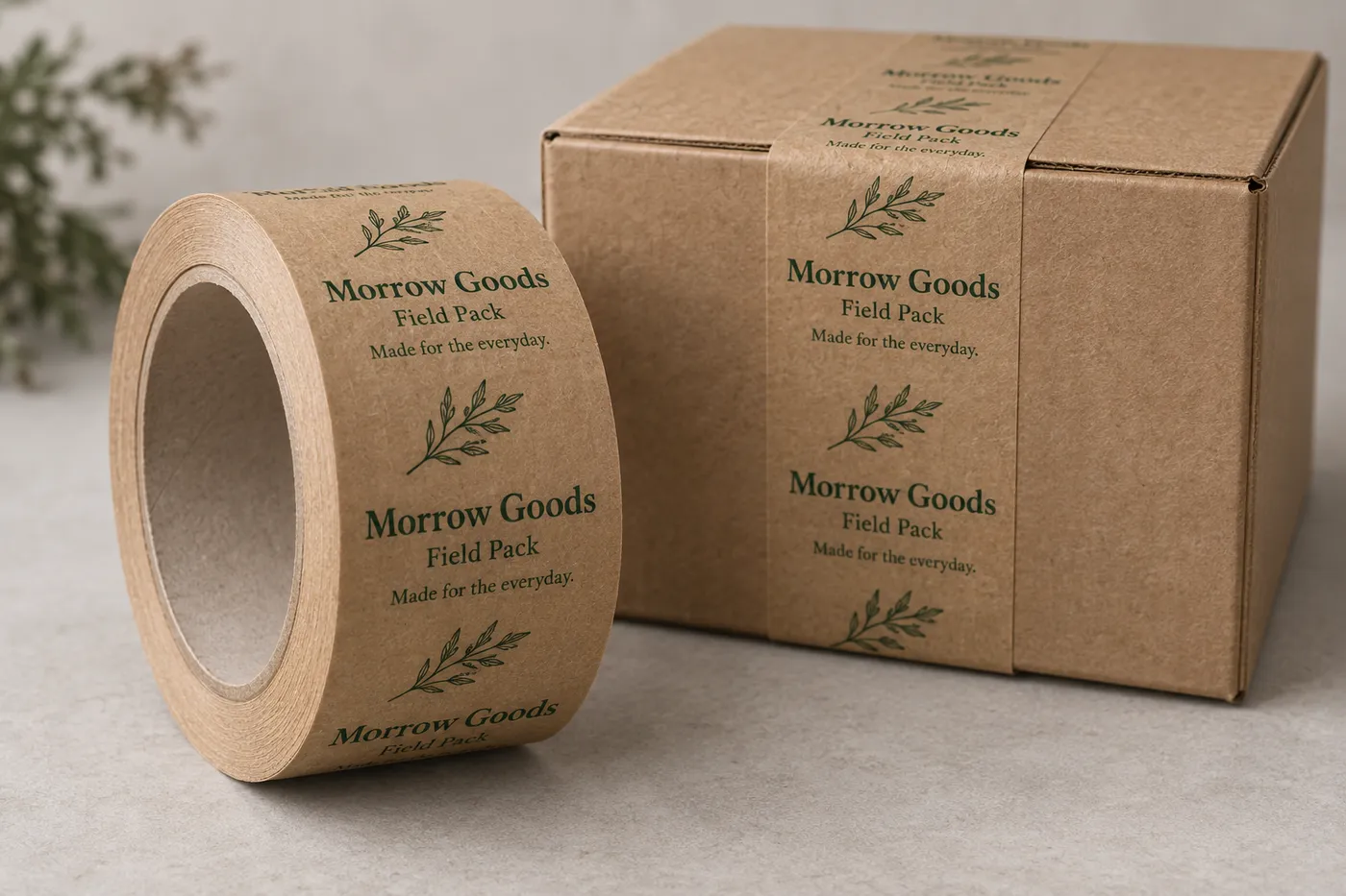 Printed brown kraft tape roll beside a kraft carton sealed with a green brand repeat