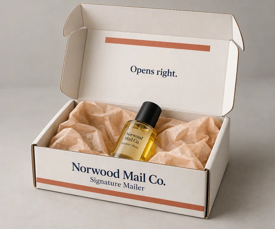 Open warm-white printed corrugated mailer box with amber bottle and tissue inside