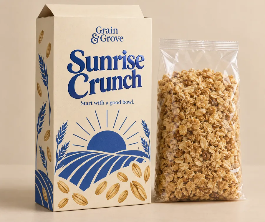 Printed Sunrise Crunch cereal carton with open flap and sealed oat bag