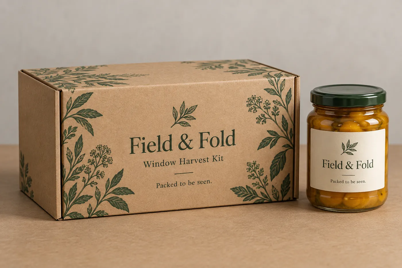 Printed kraft corrugated carton with green botanical artwork beside an amber pantry jar