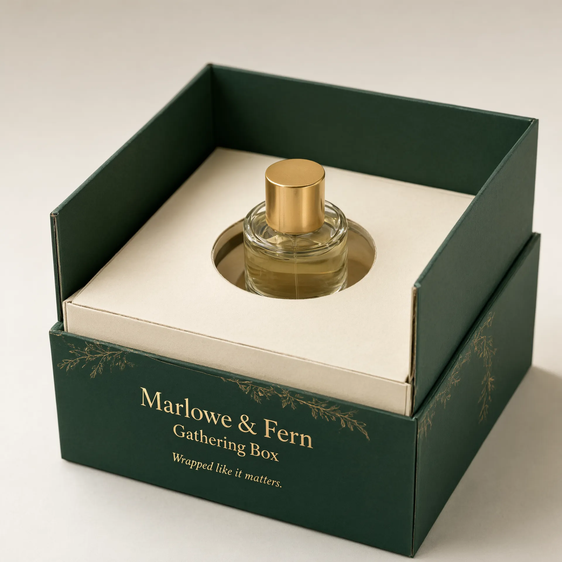 Close-up of a fitted paperboard riser holding a fragrance bottle centered inside a gift box base.
