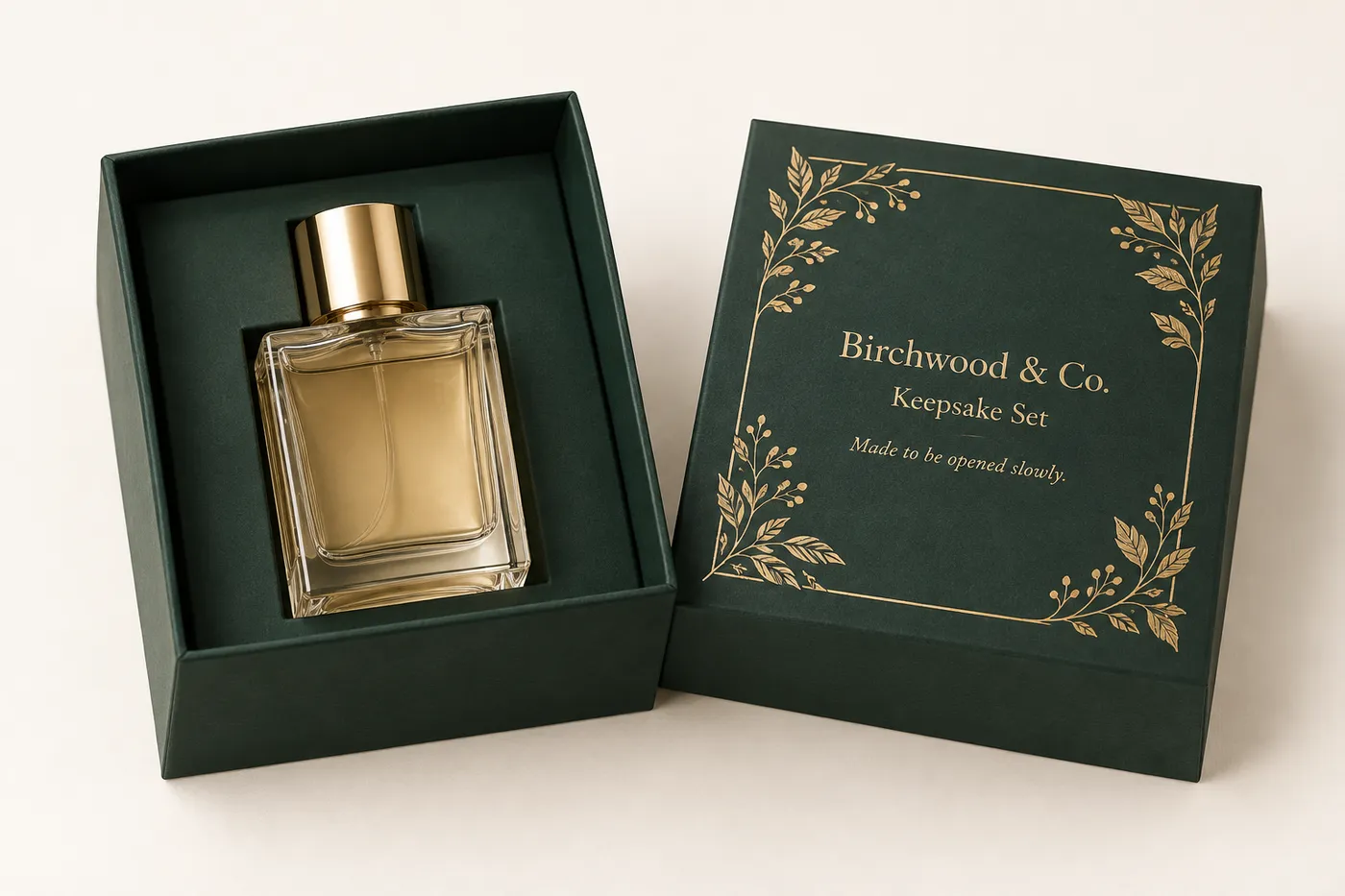 Open evergreen rigid gift box with gold botanical print and one fragrance bottle in a paperboard support.