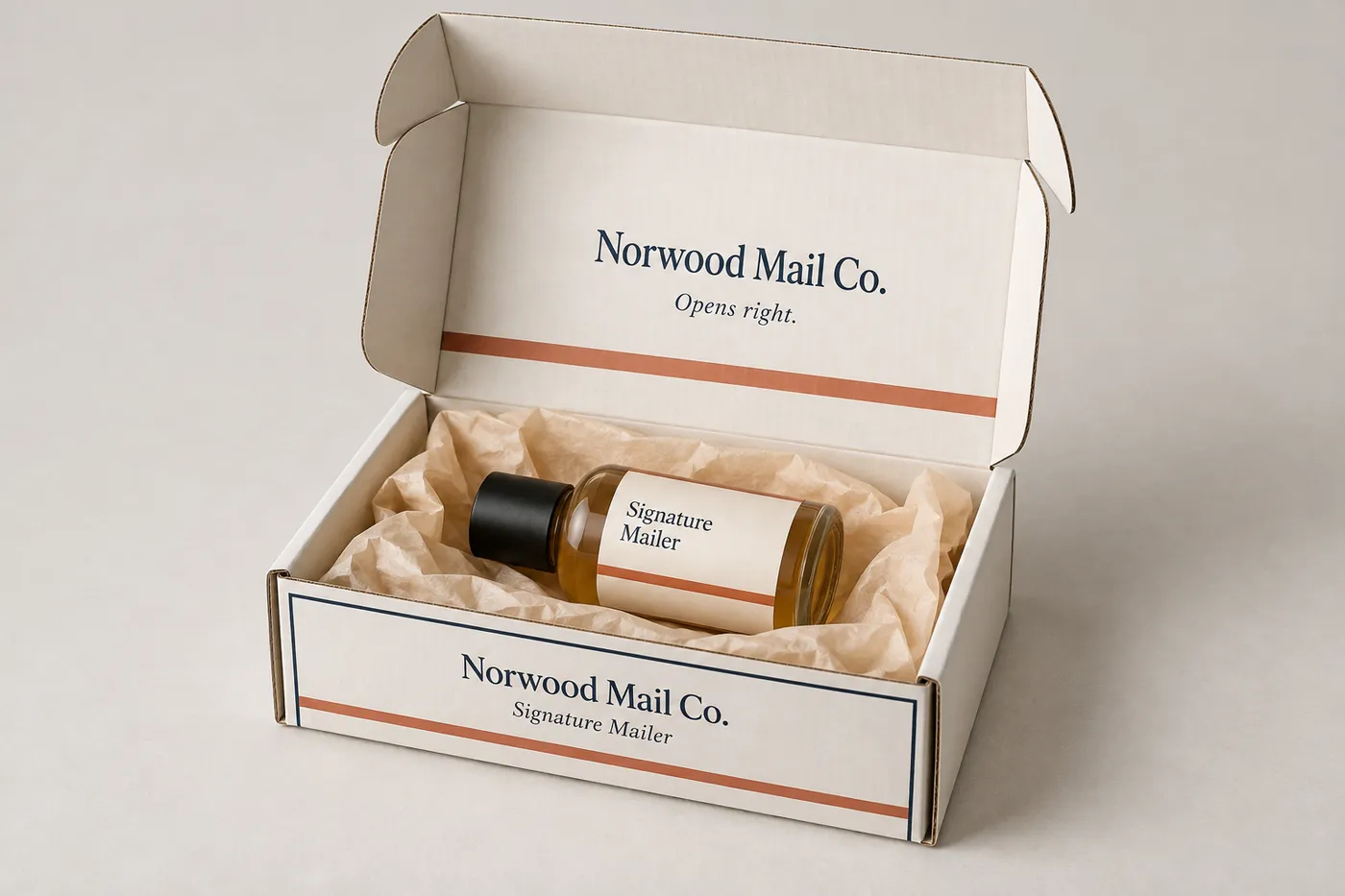 Open custom printed corrugated mailer box with an amber bottle inside and branded interior panels