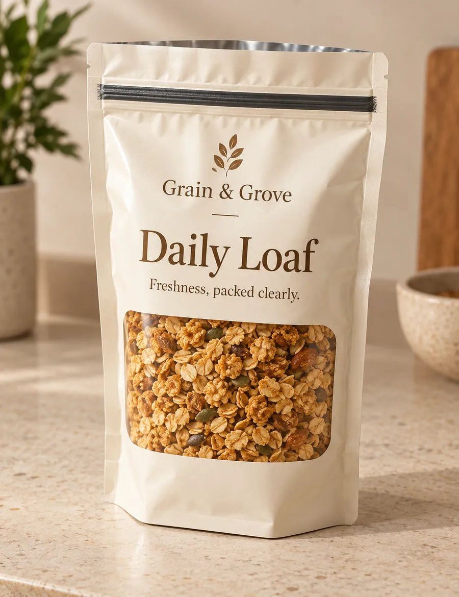 Printed warm ivory custom mylar bag with a zipper, clear window, and granola inside.