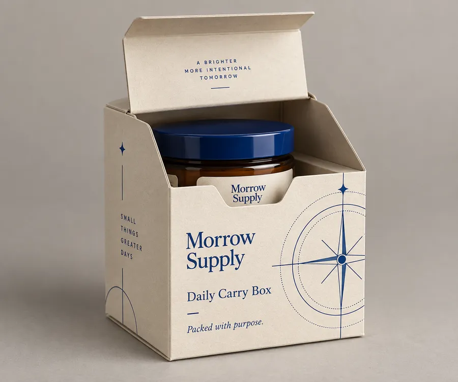 Warm ivory custom printed product box with cobalt print, tuck flap, and amber jar