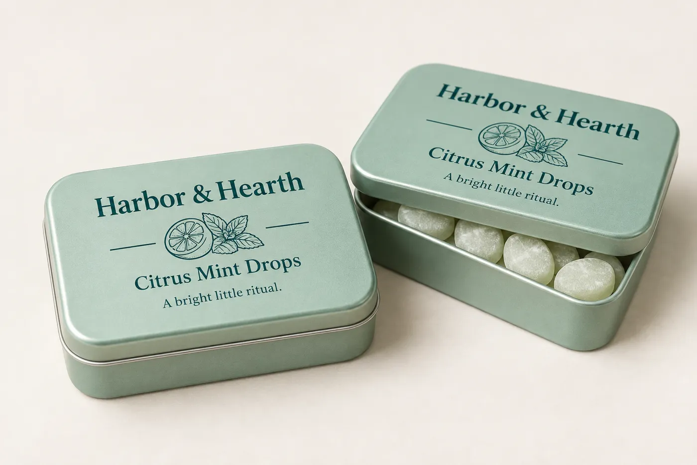 Custom printed seafoam tin box with Harbor & Hearth candy branding and pale mint pieces visible inside.