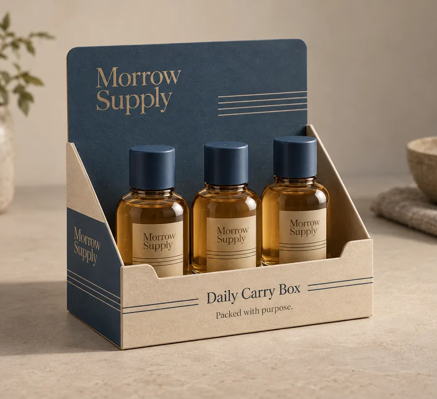 Open custom product display box with three amber bottles and a printed raised back panel.