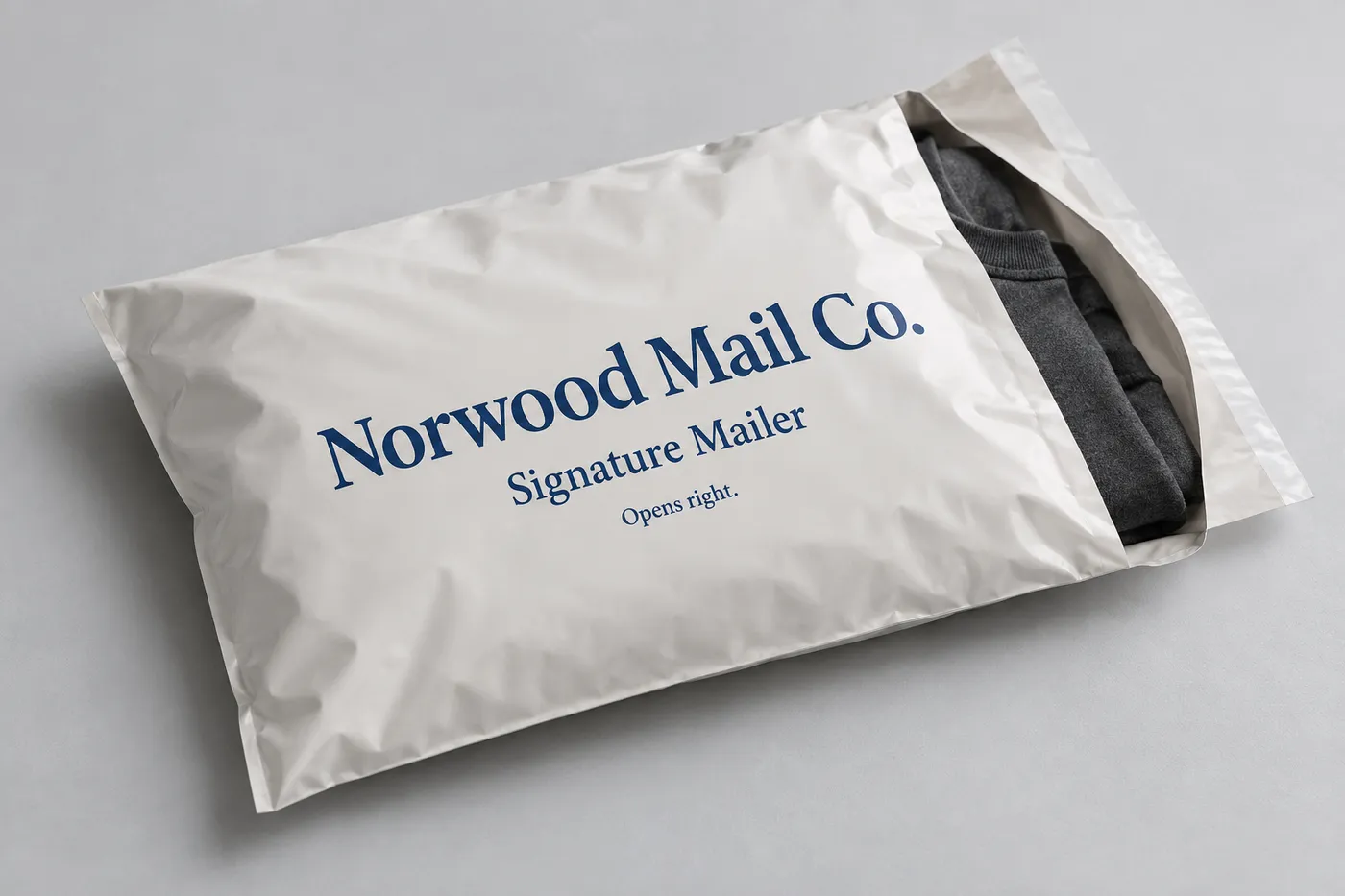 Warm-white flexible poly mailer with cobalt Norwood Mail Co. print and folded charcoal apparel visible inside