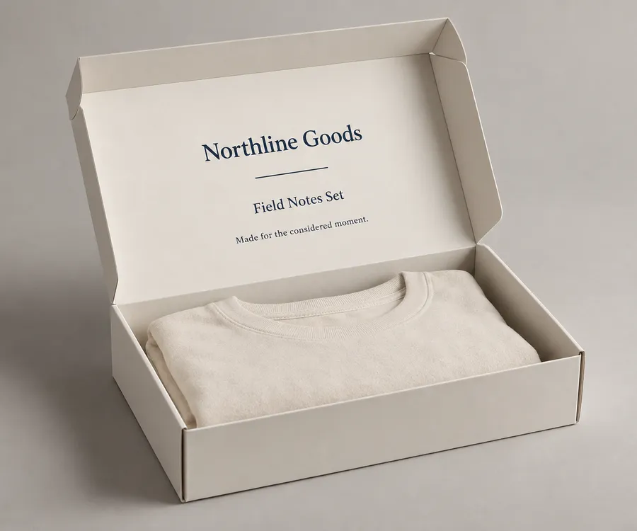 Open custom rigid paperboard mailer with folded apparel inside