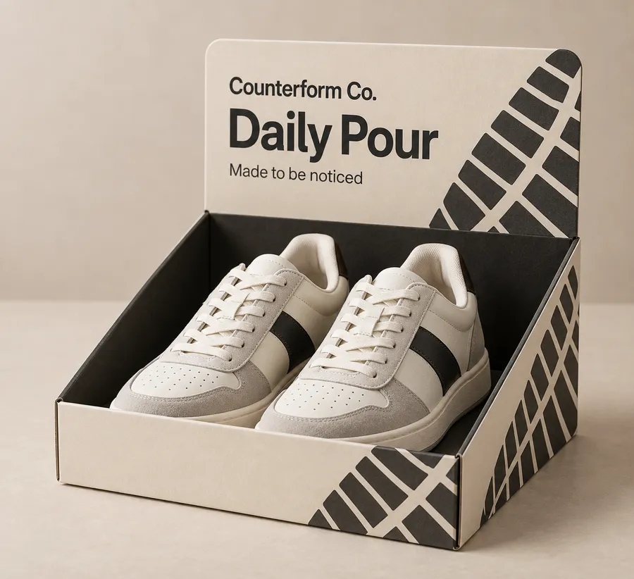 Counterform Co. Daily Pour shoe display box with a pair of low-top sneakers in a printed open-front tray.