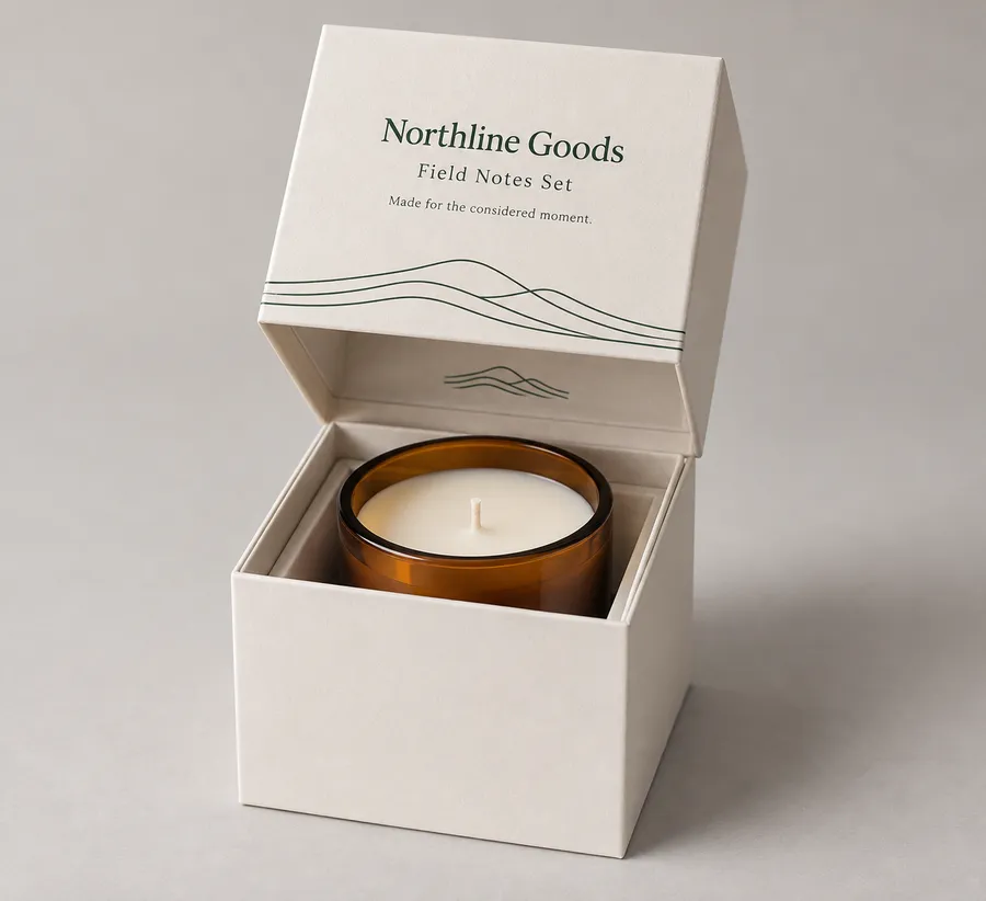 Open shoulder rigid box with candle jar framed by its inner neck