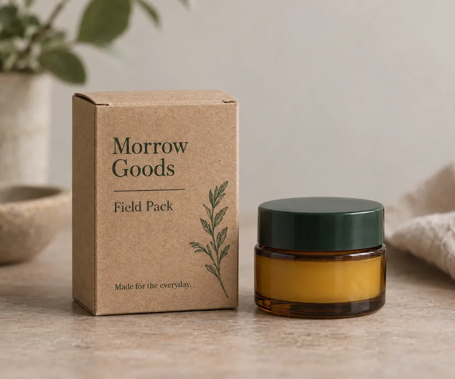 Brown kraft tuck-end box with green print beside an amber botanical balm jar