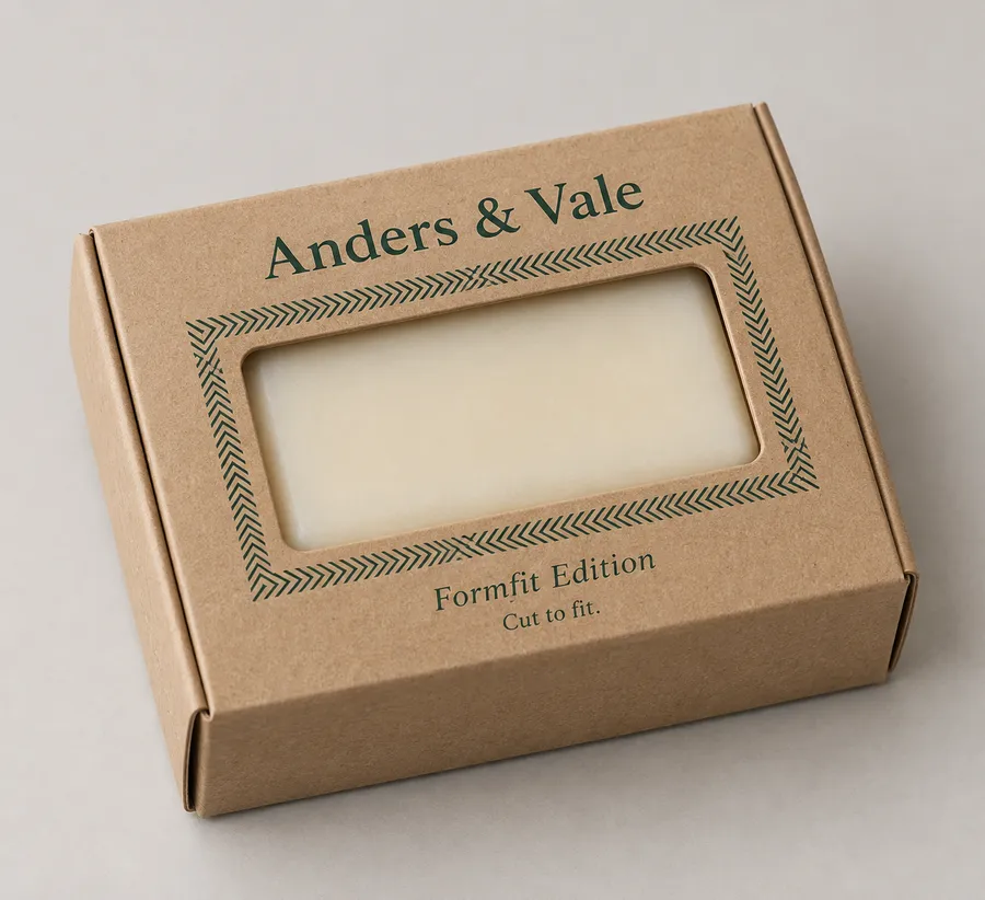 Kraft die-cut soap box with a cream bar visible through the fitted tray window