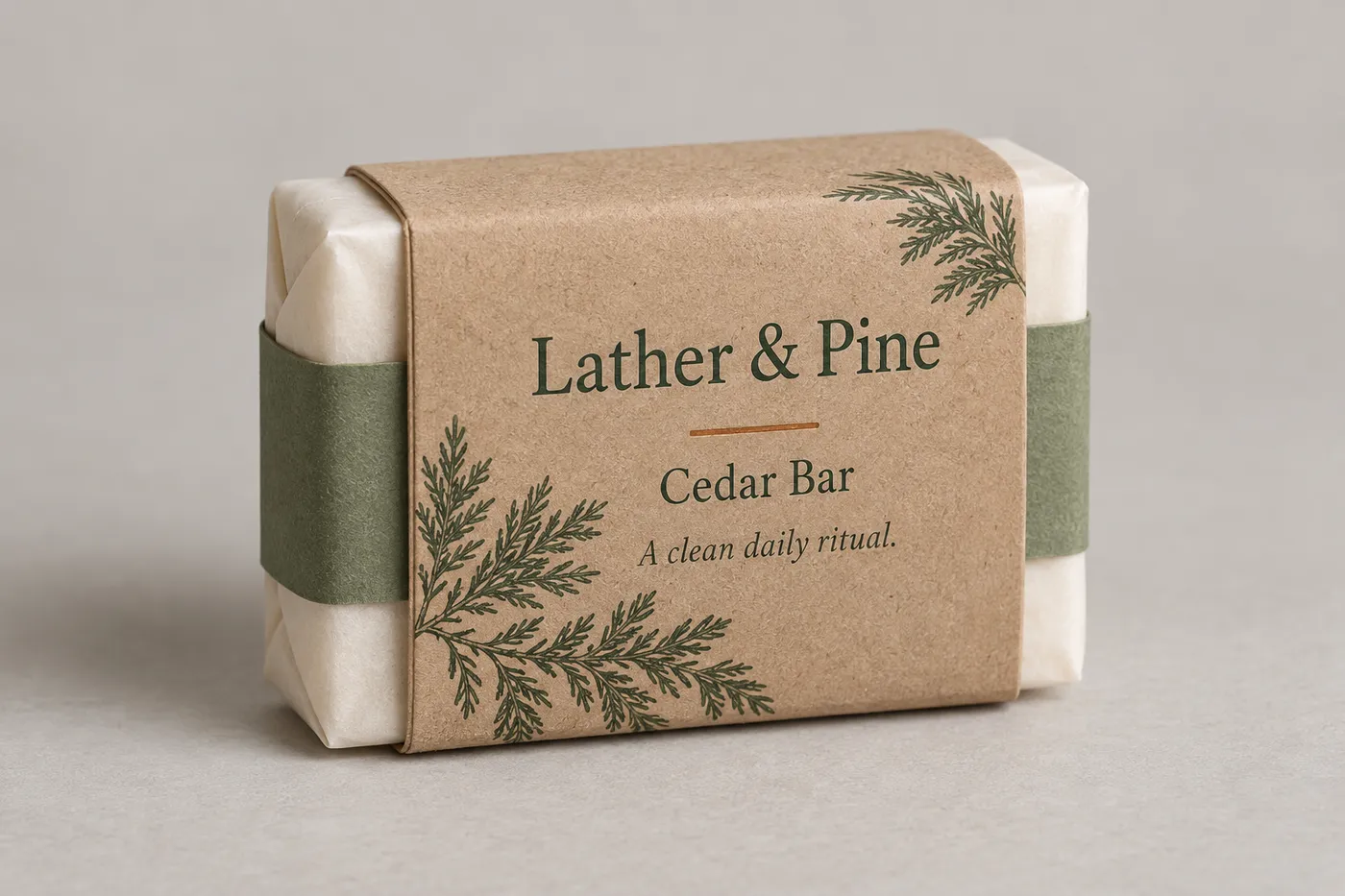 Natural kraft soap wrap sleeve with cedar print, overlap seam, and wrapped cream soap bar