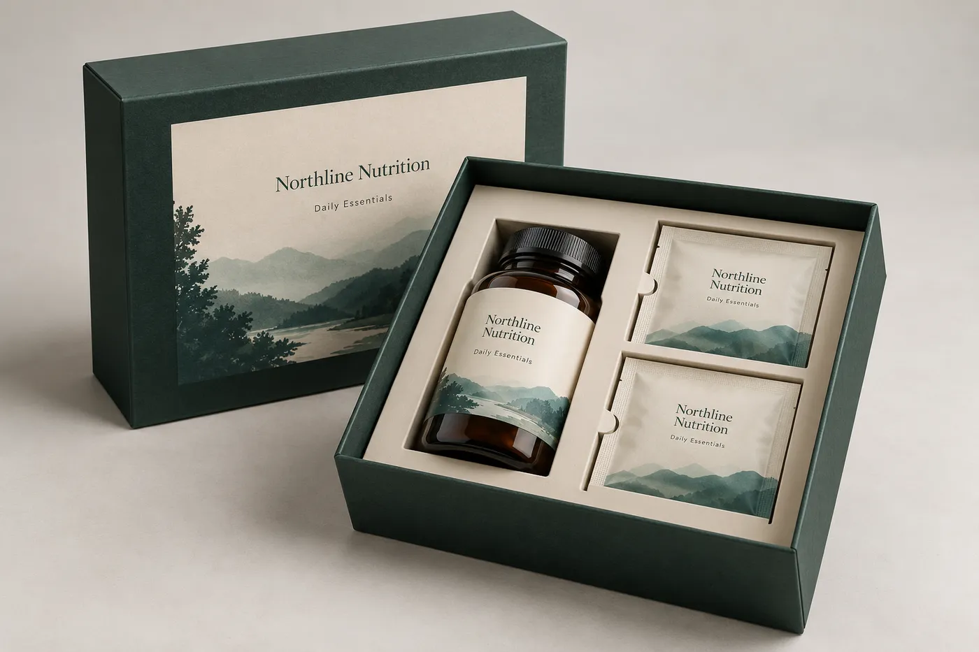 Open forest-green supplement box kit with an amber bottle, two sachets, and a fitted paperboard insert.