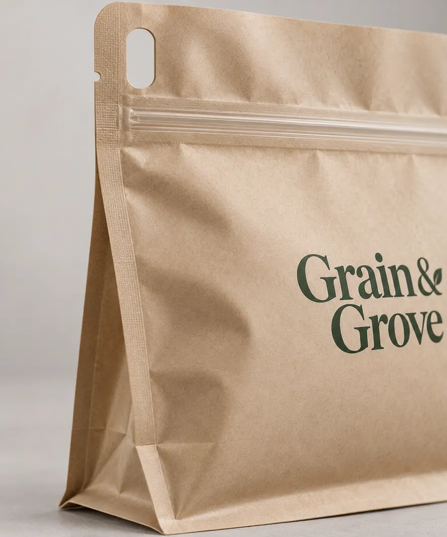 Printed take-out pouch detail showing its zipper and clean gusset grip