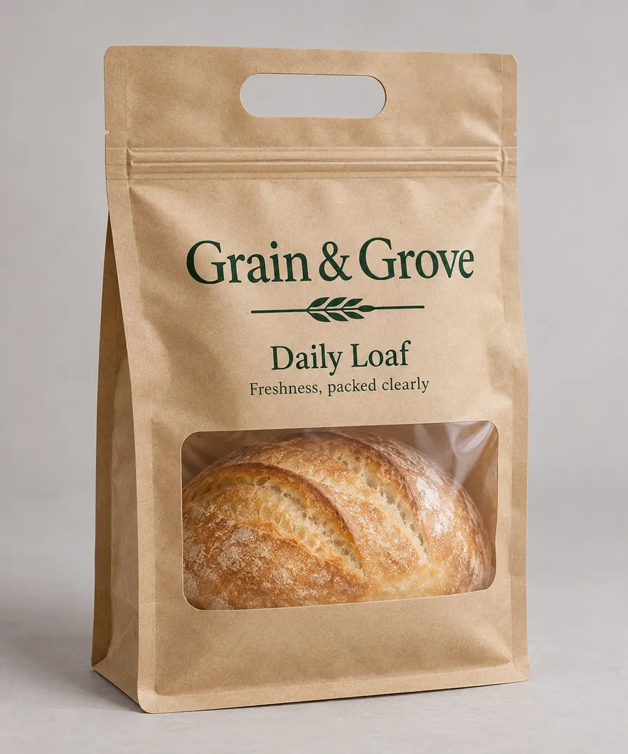 Branded kraft-look flexible take-out pouch with zipper, gusset, and bread loaf