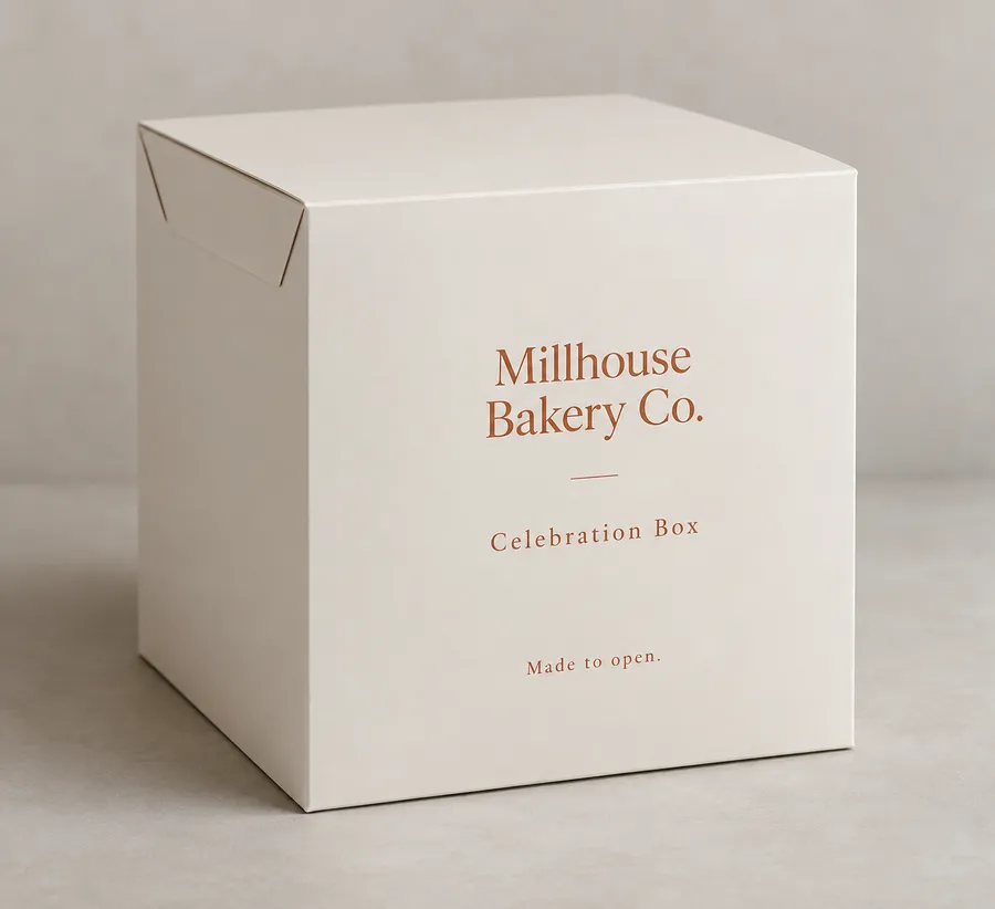 Custom Tall Cake Boxes with a closed printed cake box on a neutral studio surface