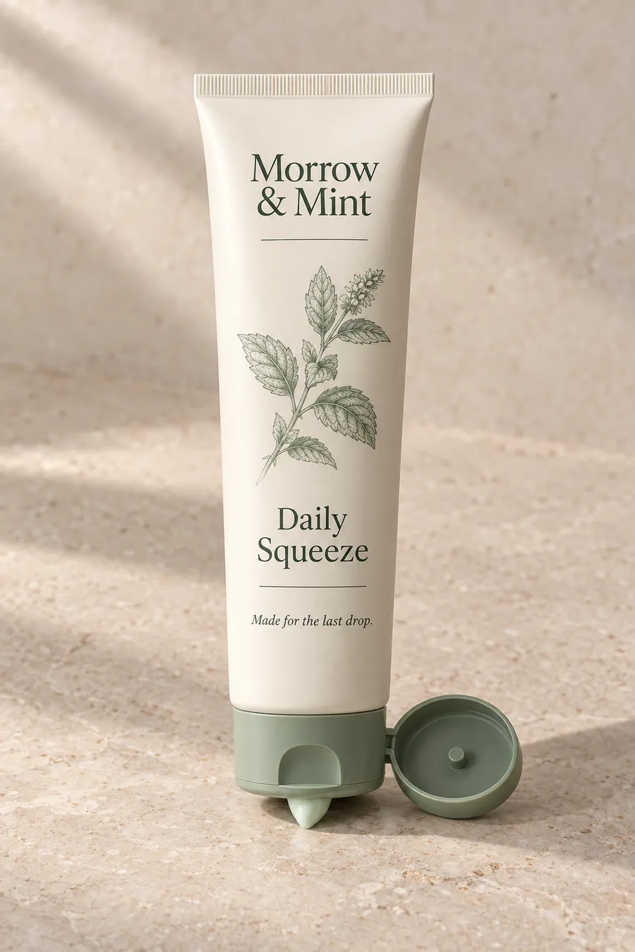 Custom squeeze tube with Morrow & Mint Daily Squeeze print, sage cap, and a small amount of cream at the open nozzle.